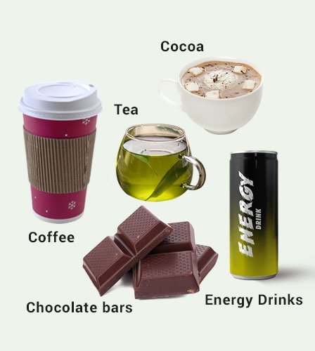 Cocoa, coffee, tea, and chocolate bars contain caffeine